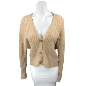 Zara Beige Wool Long Sleeve Ribbed Knit Button Down Cardigan Sweater Top Size S